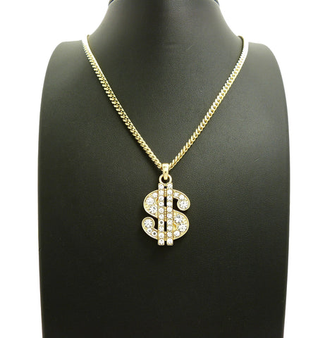 Nyfashion101 Stone Stud Dollar Sign Micro Pendant With 3mm 24" Cuban Chain Necklace Gold-Tone