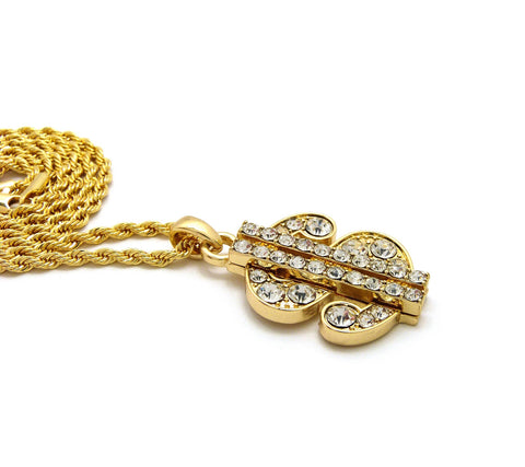 Nyfashion101 Stone Stud Dollar Sign Micro Pendant With Rope Chain Necklace Gold-Tone