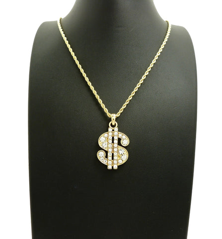 Nyfashion101 Stone Stud Dollar Sign Micro Pendant With Rope Chain Necklace Gold-Tone