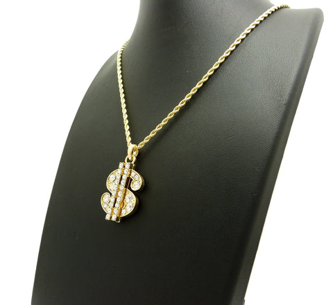 Nyfashion101 Stone Stud Dollar Sign Micro Pendant With Rope Chain Necklace Gold-Tone