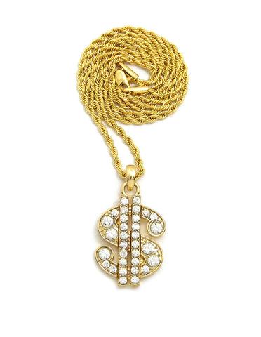 nyfashion101 Stone Stud Dollar Sign Micro Pendant with Rope Chain Necklace Gold-Tone