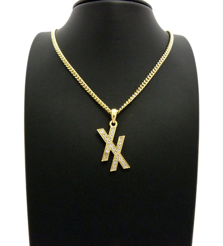Nyfashion101 Stone Stud Double X Pendant W/ 3mm 24" Cuban Chain Necklace