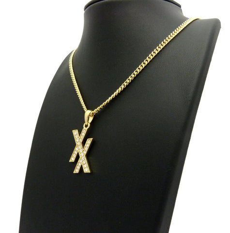 Nyfashion101 Stone Stud Double X Pendant W/ 3mm 24" Cuban Chain Necklace
