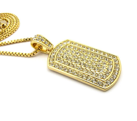 Nyfashion101 Stone Stud Edged Dog Tag Pendant W/2mm 24" Box Chain Necklace Gold-tone