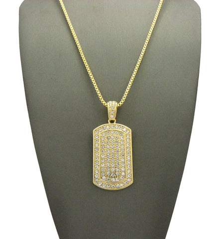 Nyfashion101 Stone Stud Edged Dog Tag Pendant W/2mm 24" Box Chain Necklace Gold-tone