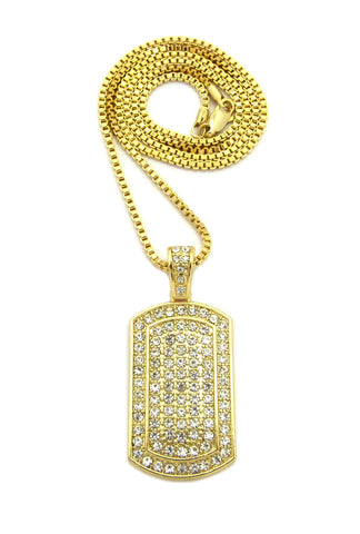 nyfashion101 Stone Stud Edged Dog Tag Pendant w/2mm 24" Box Chain Necklace Gold-tone
