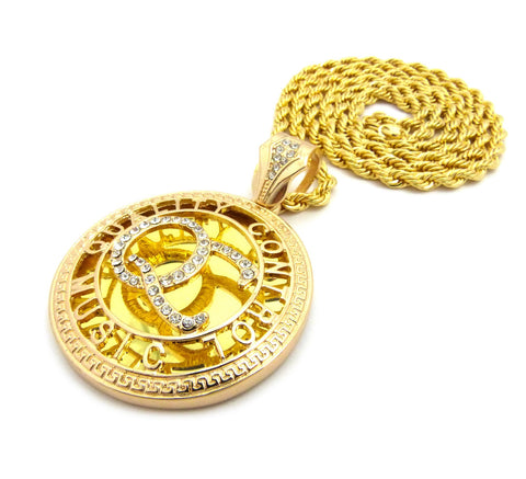 Nyfashion101 Stone Stud Encircled QC Initials On Mirror Pendant W/5mm 36" Rope Chain Necklace Gold-Tone