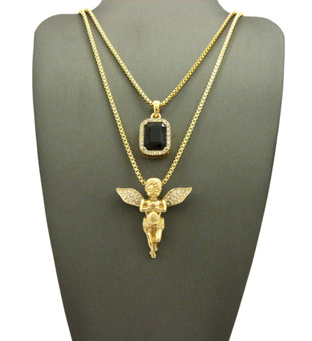 Nyfashion101 Stone Stud Extended Wing Praying Angel & Colored Gemstone Set W/ 24" & 30" Gold-Tone Box Chains