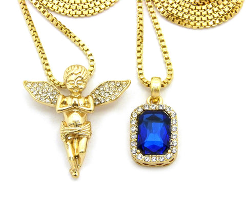 Nyfashion101 Stone Stud Extended Wing Praying Angel & Colored Gemstone Set W/ 24" & 30" Gold-Tone Box Chains