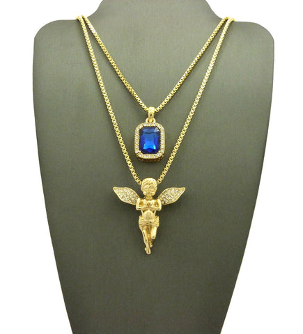 Nyfashion101 Stone Stud Extended Wing Praying Angel & Colored Gemstone Set W/ 24" & 30" Gold-Tone Box Chains