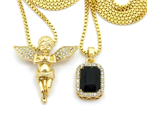 nyfashion101 Stone Stud Extended Wing Praying Angel & Colored Gemstone Set w/ 24" & 30" Gold-Tone Box Chains