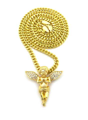 Nyfashion101 Stone Stud Extended Wing Praying Angel Pendant W/ Chain Necklace