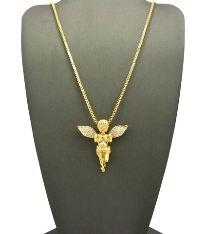 nyfashion101 Stone Stud Extended Wing Praying Angel Pendant w/ Chain Necklace