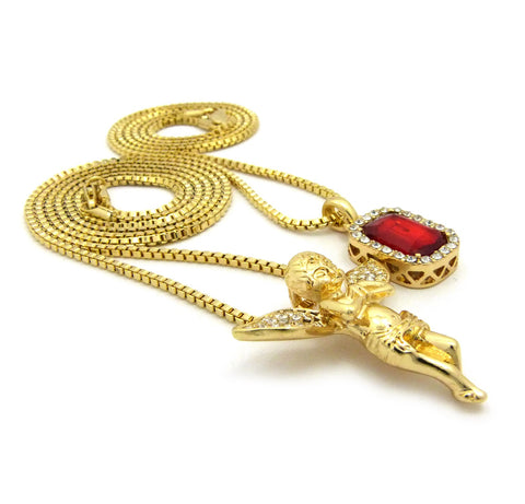 Nyfashion101 Stone Stud Extended Wing Praying Angel Set W/ 24" & 30" Gold-Tone Box Chain Necklaces