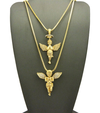 Nyfashion101 Stone Stud Extended Wing Praying Angel Set W/ 24" & 30" Gold-Tone Box Chain Necklaces