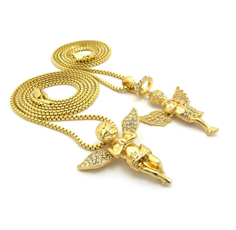 Nyfashion101 Stone Stud Extended Wing Praying Angel Set W/ 24" & 30" Gold-Tone Box Chain Necklaces