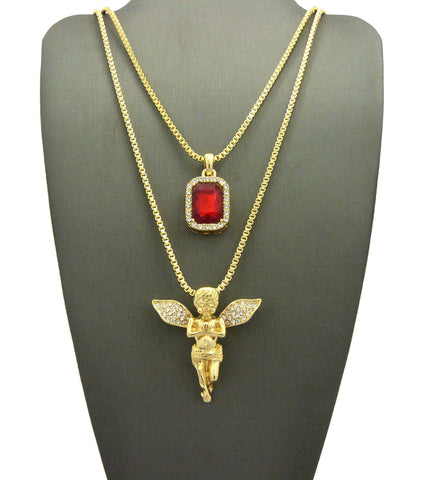 nyfashion101 Stone Stud Extended Wing Praying Angel Set w/ 24" & 30" Gold-Tone Box Chain Necklaces