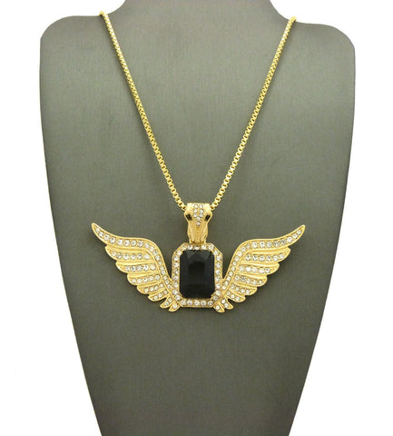 nyfashion101 Stone Stud Gemstone w/ Angel Wing Pendant on Chain Necklace