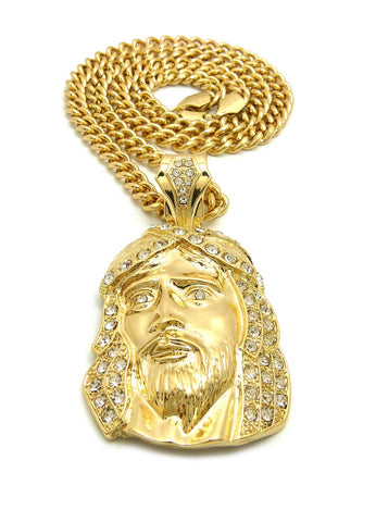 Nyfashion101 Stone Stud Hair Jesus Face Pendant With 6mm Cuban Chain In Gold-Tone 24"
