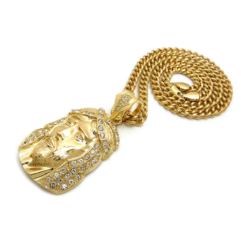 Nyfashion101 Stone Stud Hair Jesus Face Pendant With 6mm Cuban Chain In Gold-Tone 24"