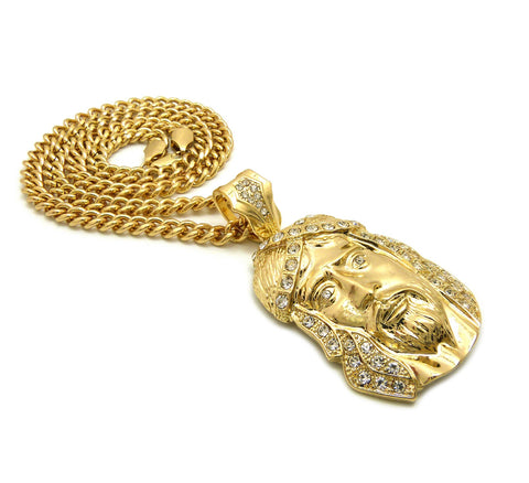 Nyfashion101 Stone Stud Hair Jesus Face Pendant With 6mm Cuban Chain In Gold-Tone 24"