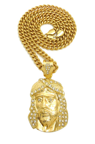 nyfashion101 Stone Stud Hair Jesus Face Pendant with 6mm Cuban Chain in Gold-Tone 24"