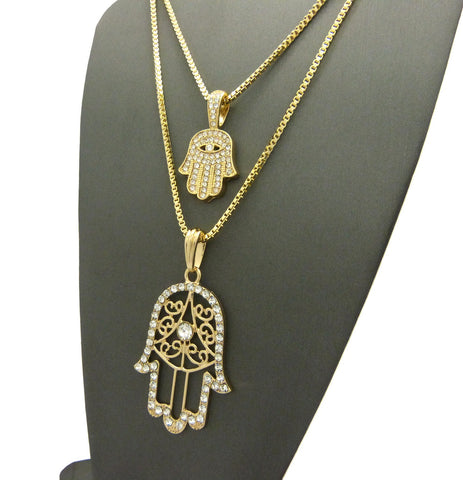 Nyfashion101 Stone Stud Hamsa Palm Fatima Hand Pendant Set W/ 2mm 24" & 30" Box Chain Necklaces In Gold-Tone