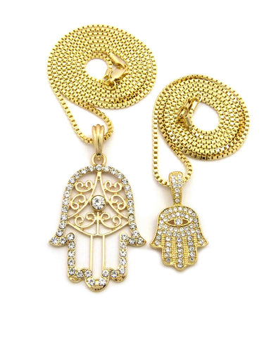 Nyfashion101 Stone Stud Hamsa Palm Fatima Hand Pendant Set W/ 2mm 24" & 30" Box Chain Necklaces In Gold-Tone