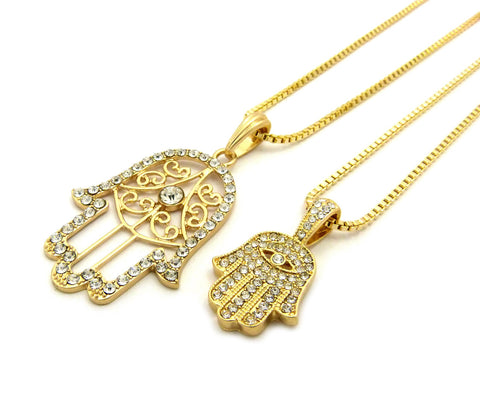 Nyfashion101 Stone Stud Hamsa Palm Fatima Hand Pendant Set W/ 2mm 24" & 30" Box Chain Necklaces In Gold-Tone