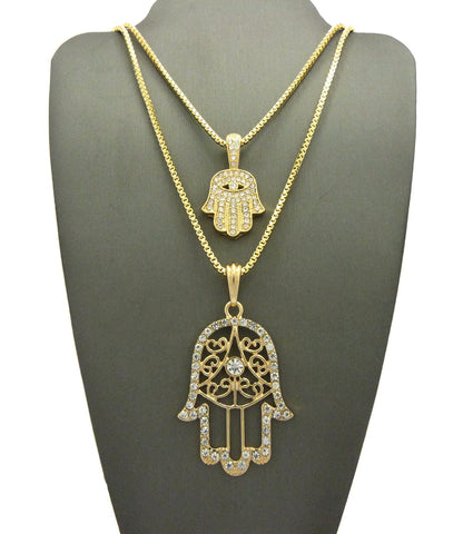 nyfashion101 Stone Stud Hamsa Palm Fatima Hand Pendant Set w/ 2mm 24" & 30" Box Chain Necklaces in Gold-Tone