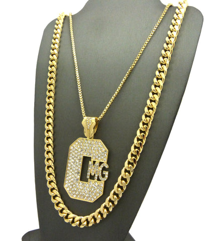 Nyfashion101 Stone Stud Hip-Hop CMG Initials Pendant Necklace With 8mm 30" Miami Cuban Chain In Gold-Tone