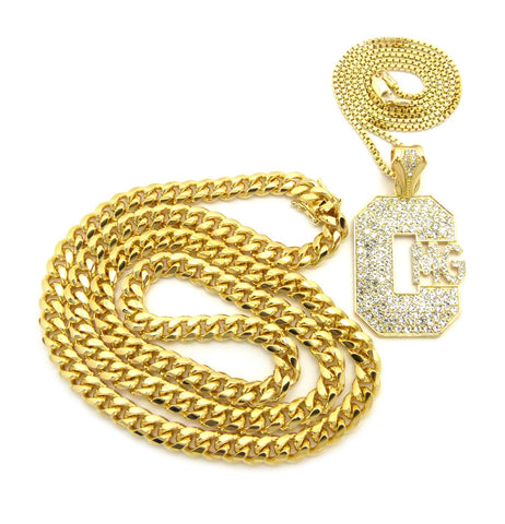Nyfashion101 Stone Stud Hip-Hop CMG Initials Pendant Necklace With 8mm 30" Miami Cuban Chain In Gold-Tone