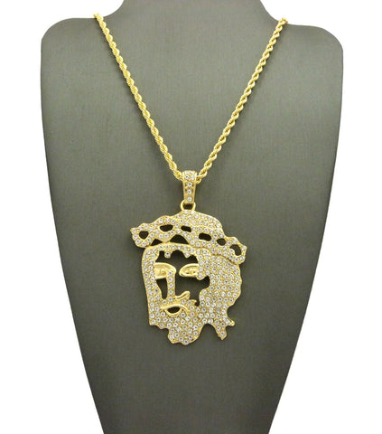 Nyfashion101 Stone Stud Hollow Jesus Face Pendant W/Chain Necklace Gold-Tone