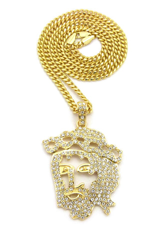 Nyfashion101 Stone Stud Hollow Jesus Face Pendant W/Chain Necklace Gold-Tone