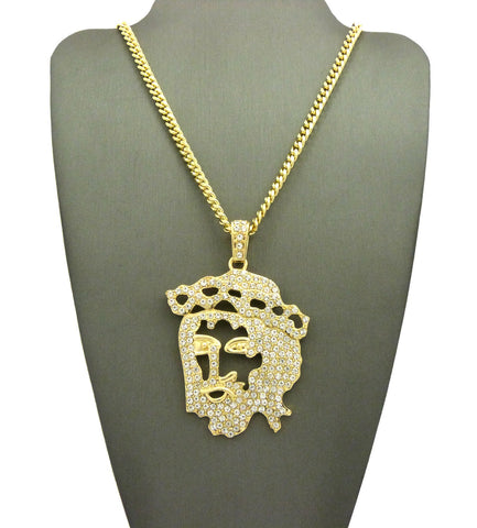 Nyfashion101 Stone Stud Hollow Jesus Face Pendant W/Chain Necklace Gold-Tone