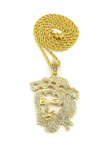 nyfashion101 Stone Stud Hollow Jesus Face Pendant w/Chain Necklace Gold-Tone