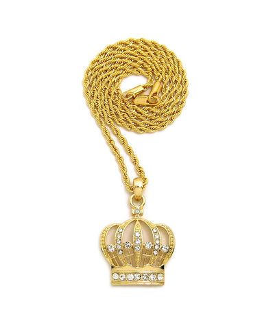 nyfashion101 Stone Stud Hollow Royal Crown Pendant with 2mm 24" Rope Chain Necklace