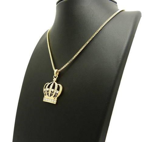 Nyfashion101 Stone Stud Hollow Royal Crown Pendant With 2mm 24" Box Chain Necklace