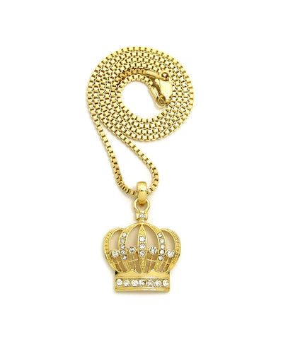 nyfashion101 Stone Stud Hollow Royal Crown Pendant with 2mm 24" Box Chain Necklace