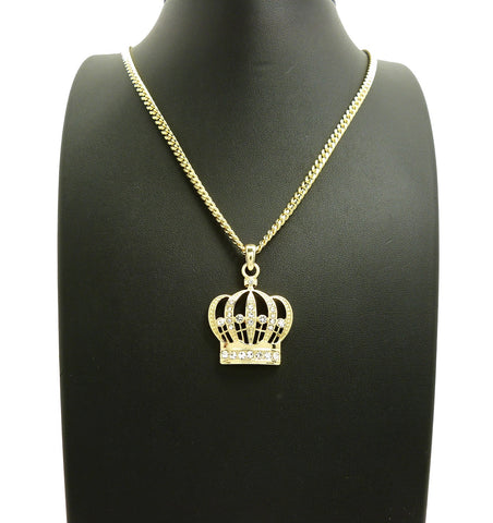 Nyfashion101 Stone Stud Hollow Royal Crown Pendant With 3mm 24" Cuban Chain Necklace Gold-Tone