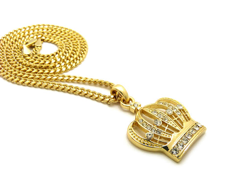 Nyfashion101 Stone Stud Hollow Royal Crown Pendant With 3mm 24" Cuban Chain Necklace Gold-Tone