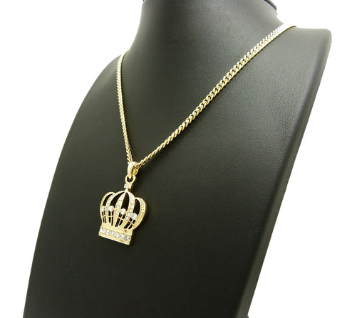 Nyfashion101 Stone Stud Hollow Royal Crown Pendant With 3mm 24" Cuban Chain Necklace Gold-Tone
