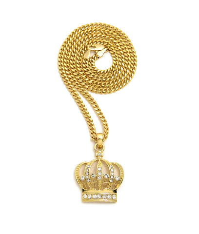 nyfashion101 Stone Stud Hollow Royal Crown Pendant with 3mm 24" Cuban Chain Necklace Gold-Tone