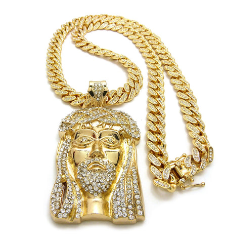 Nyfashion101 Stone Stud Jesus Face Pendant With 12mm 30" Iced Out Cuban Chain Necklace In Gold-Tone