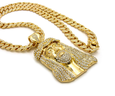 Nyfashion101 Stone Stud Jesus Face Pendant With 12mm 30" Iced Out Cuban Chain Necklace In Gold-Tone