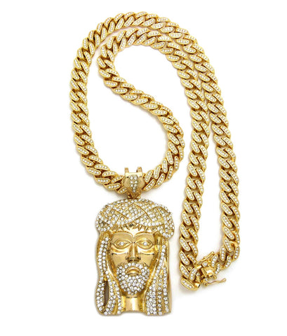 nyfashion101 Stone Stud Jesus Face Pendant with 12mm 30" Iced Out Cuban Chain Necklace in Gold-Tone