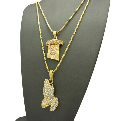 Nyfashion101 Stone Stud Jesus Face & Stone Stud Praying Hands Pendant Set W/ 2mm Box Chains In Gold-Tone