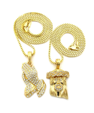 Nyfashion101 Stone Stud Jesus Face & Stone Stud Praying Hands Pendant Set W/ 2mm Box Chains In Gold-Tone