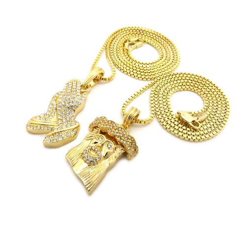 Nyfashion101 Stone Stud Jesus Face & Stone Stud Praying Hands Pendant Set W/ 2mm Box Chains In Gold-Tone