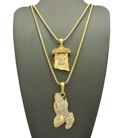 nyfashion101 Stone Stud Jesus Face & Stone Stud Praying Hands Pendant Set w/ 2mm Box Chains in Gold-Tone